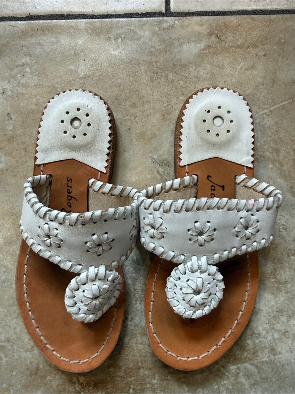 Girls EUC Jack Rogers White Palm Beach  Woven Toe-Post Sandals